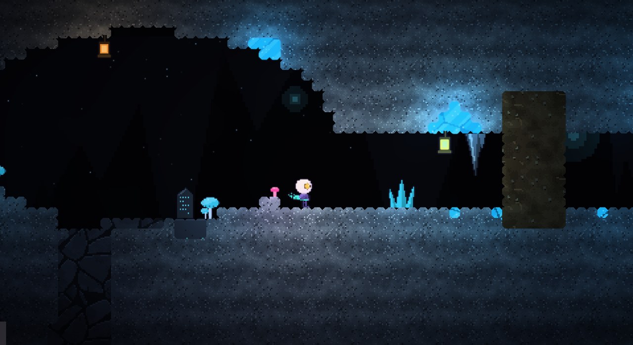 Hantisse: a pixel art character exploring a glowing blue cave