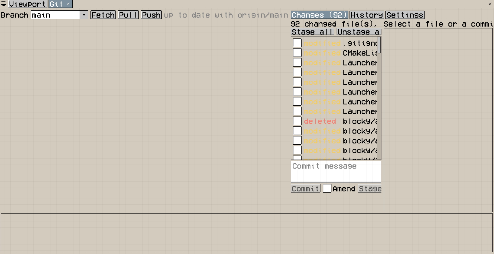 Lynx editor Git panel showing branch, sync, changes and commit controls