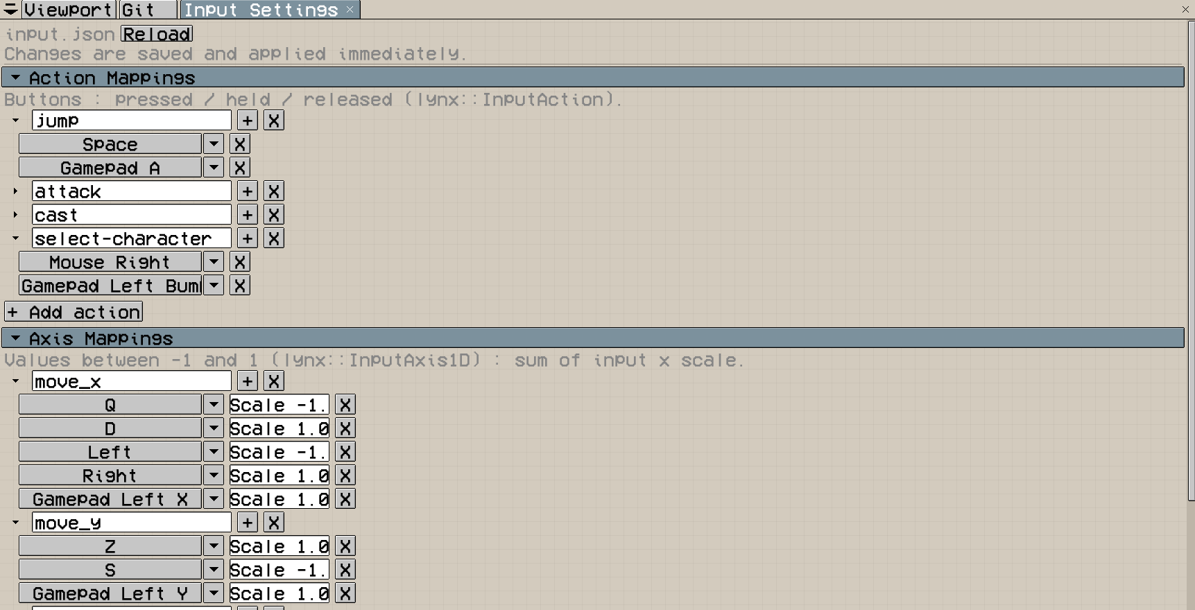 Lynx editor Input Settings showing action and axis mappings