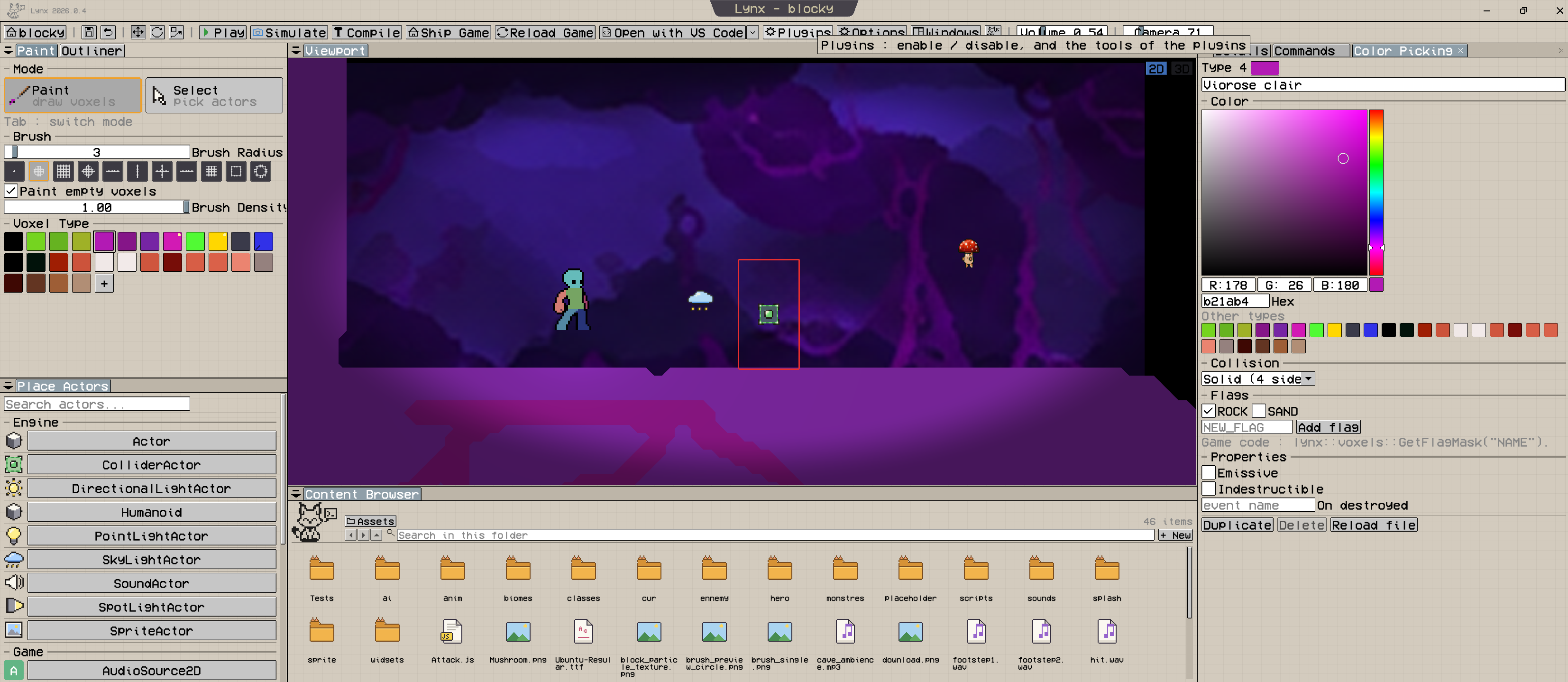 Lynx editor: voxel painting, Details panel and Content Browser